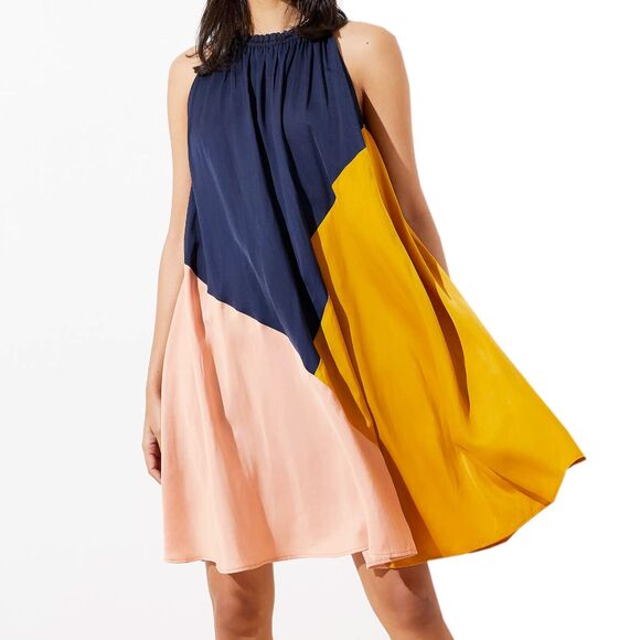 LOFT Colorblock Halter Swing Dress Size XS Navy Gold Peachy-Pink Light & Flowy - Picture 1 of 7
